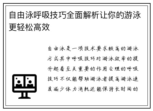 自由泳呼吸技巧全面解析让你的游泳更轻松高效