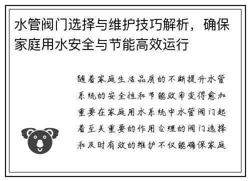 水管阀门选择与维护技巧解析，确保家庭用水安全与节能高效运行